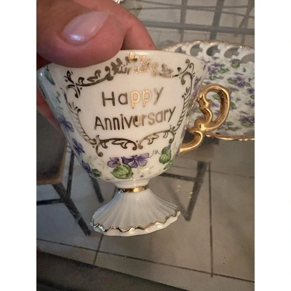 Vintage Lefton China Happy Anniversary Teacup Saucer Set Violets 2425 Japan